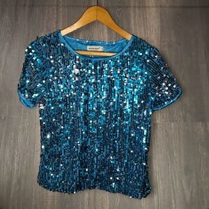 Anna-Kaci Teal Sequin Short Sleeve Top Size Small Sparkly Party Blouse